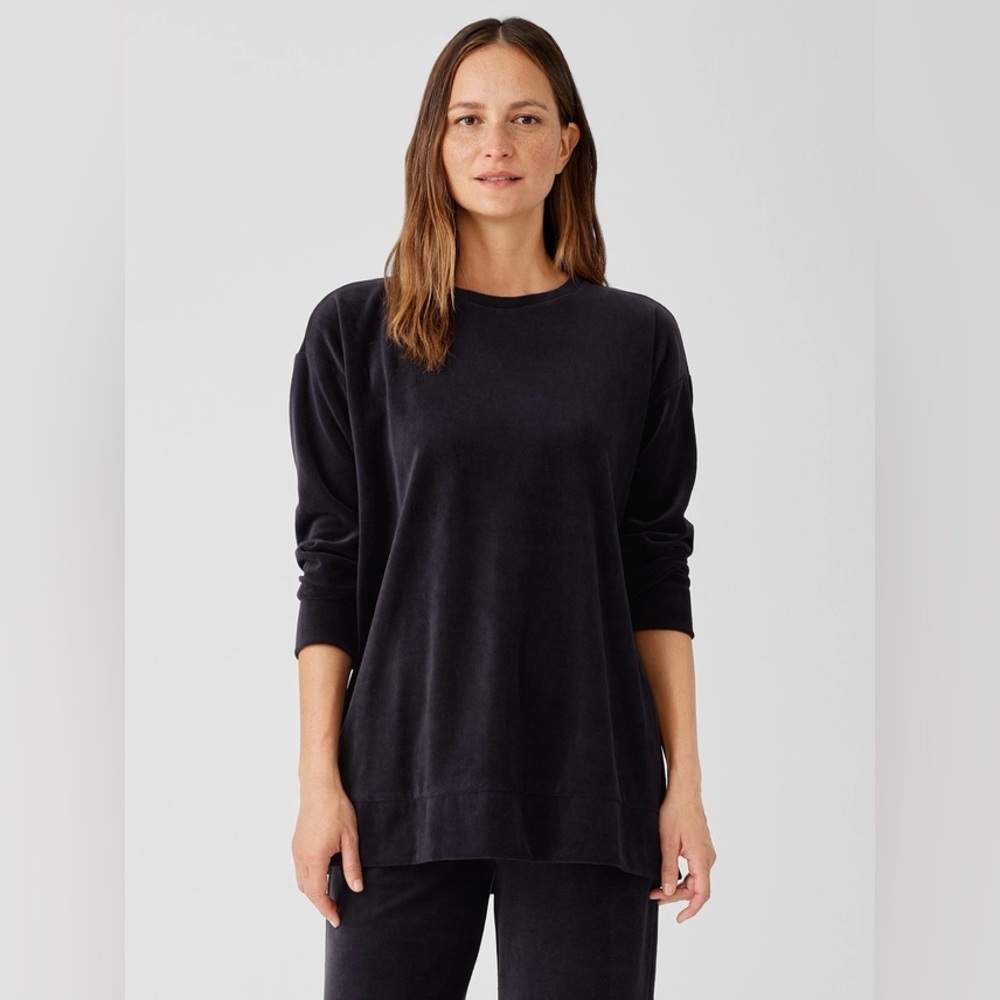 Eileen Fisher Cotton Velour Crew Neck Long Top Boxy Fit Thigh Length Size Med M - Picture 11 of 11